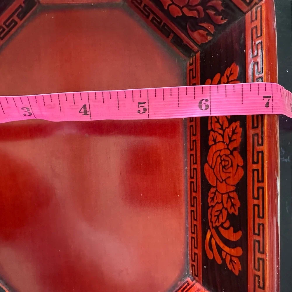 VTG Korean Red Lacquer Nesting Trays 6pc Set Octagon Carved Floral Asian Decor